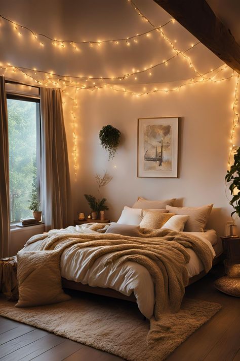 Bedroom transformed with hanging string lights, offering a modern and cozy feel with fairy lights above the bed and ceiling for a decorative and relaxing atmosphere. String Lights Above Bed, String Lights Bedroom Ceiling, Fairy Lights Above Bed, Fairy Light Room Decor, Globe String Lights Bedroom, Fairy Lights Bedroom Ceiling, Lights Behind Bed, Bedroom Lights Aesthetic, String Lights In Bedroom