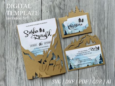 5x7 Mountain forest wedding invitation svg template gatefold & lasercut place card, Greenery rustic invitation outdoor cricut papercut cameo Mountain Invitation, Forest Wedding Invitation, Forest Wedding Invitations, Cricut Wedding Invitations, Mountain Wedding Invitations, Pocketfold Invitations, Cricut Wedding, Mountain Forest, Rustic Invitations