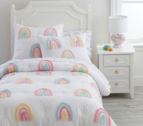 Candlewick Rainbow Comforter Bedding Look | Pottery Barn Kids Girls Bedroom Rainbow Theme, Rainbow Room Kids Girl Bedrooms, Rainbow Bedroom Ideas Kids, Rainbow Girls Bedroom, Rainbow Bedroom Decor, Rainbow Comforter, Bedroom Finds, Girl Comforters, Girls Bedding