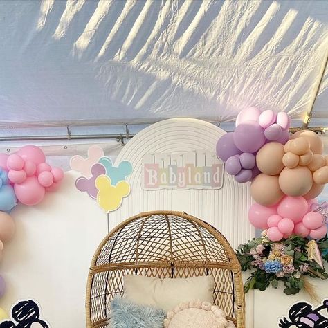 Sandra Frausto on Instagram: "Babyland Balloons backdrop!  Still obsessed with our Baby Shower🥹 . Backdrops and Chair @pinkys_rentals  Babyland and Mickey & Minnie props @properprops4  Balloons and floral @pinkys_ohh_so_cute  . #babyland #babylandbabyshower #babyshower #disneybaby #disneybabyshower #pinkysohhsocute #pinkysballoons" Baby Land Baby Shower Theme, Disneyland Theme Baby Shower Ideas, Babyland Shower Theme, Disneyland Baby Shower Theme, Vintage Disney Baby Shower Ideas, Disneyland Baby Shower Ideas, Disney Baby Shower Ideas, Disney Baby Shower Themes, Disney Gender Reveal