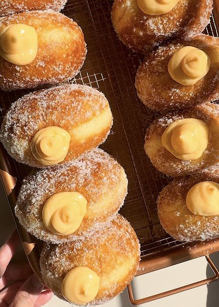 Brioche Donut with Vanilla Custard Filling Vanilla Custard Filling, Sourdough Brioche, Brioche Donuts, Donuts Recipes, Vanilla Paste, Custard Filling, Vanilla Custard, Egg Whisk, Donut Recipes