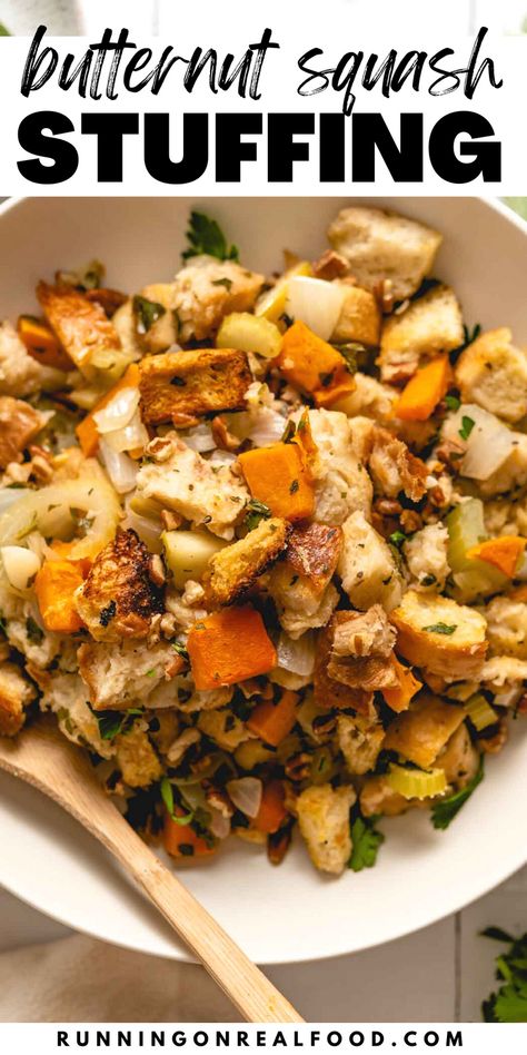 Try this butternut squash stuffing recipe with apple, sage, sourdough and pecans for a delicious twist on classic Thanksgiving stuffing. Butternut Squash Stuffing, Stuffing Vegetarian, Squash Casserole With Stuffing, Sourdough Stuffing Thanksgiving, Vegetarian Stuffing Thanksgiving, Thanksgiving Squash Recipes, Sourdough Stuffing Recipe, Holiday Meal Prep, Thanksgiving Casserole Recipes