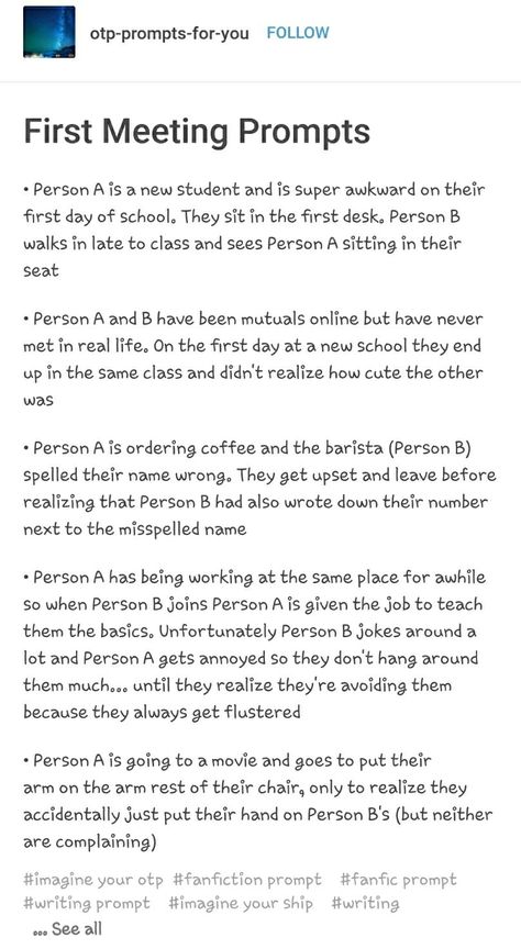 First Meeting Tropes, First Meet Writing Prompts, Meeting Prompts Writing, Close Proximity Prompts, Character Meeting Prompts, Characters Meeting Prompt, First Meeting Prompts, Meet Cute Prompts, Forced Proximity Prompts