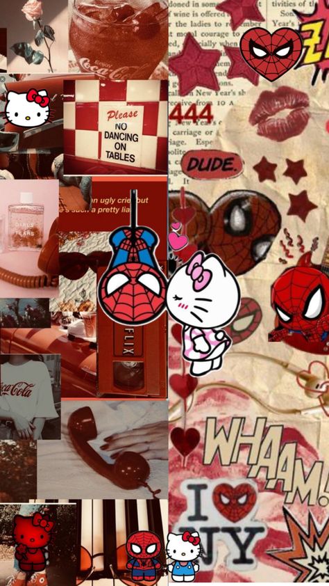 Hello kitty and spider man collage Spider Man Collage, Hello Kitty And Spiderman, Man Collage, Vintage Phone Wallpaper, Pink Hello Kitty Wallpaper Iphone, Pink Wallpaper Laptop, Collage Photo Frame Design, Y2k Wallpaper Iphone, Iphone Wallpaper Music