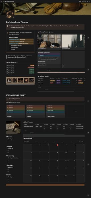 Dark Academia themed Notion Dashboard (dark a Web Design Dark, Notion Daily Planner, Notion Dashboard, School Template, Aesthetic Dark Academia, Notion Templates, Aesthetic Template, Dark And Light, Journal Aesthetic