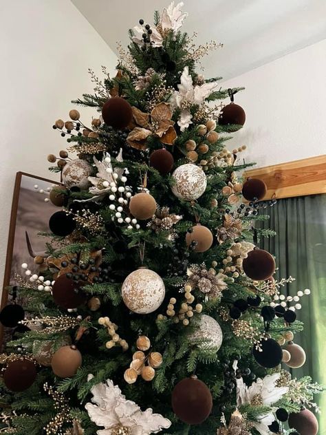 Black Brown White Christmas Tree, Brown Tones Christmas Tree, Brown And Neutral Christmas Tree, Black Green And Brown Christmas Tree, Tree With Orange Garland, Christmas Tree Ideas Brown And Red, Brown And Green Velvet Christmas Tree, Brown And Gray Christmas Tree, Green And Brown Christmas Tree Decor