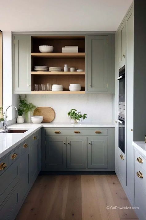 Small Kitchen Ideas Green Cabinets, Kitchen Interior For Small Kitchen, Kitchen Green Ideas, Sage Green Kitchen Cabinets Two Tone, Renovated Small Kitchen, Small Light Kitchen, Small Chic Kitchen, Small Sage Kitchen, Modern Kitchen Colours Ideas