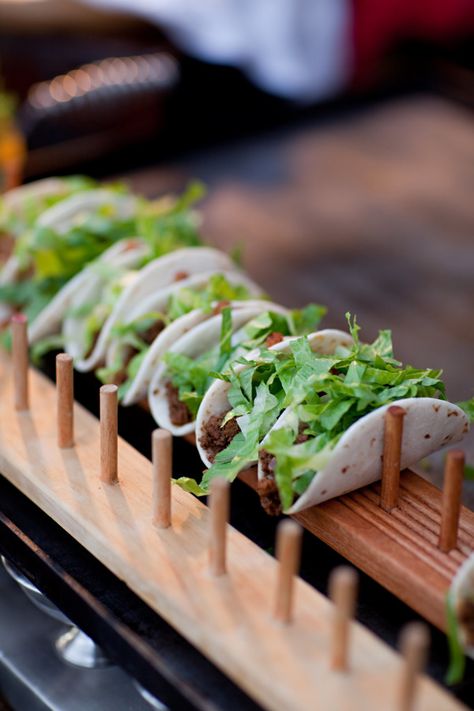 Mini tacos: http://www.stylemepretty.com/living/2015/03/23/25-party-foods-you-have-to-try-right-now/ Taco Time, Mini Tacos, Wedding Appetizers, Taco Stand, Taco Bar, Food Stations, Wood Designs, Food Displays, Catering Food