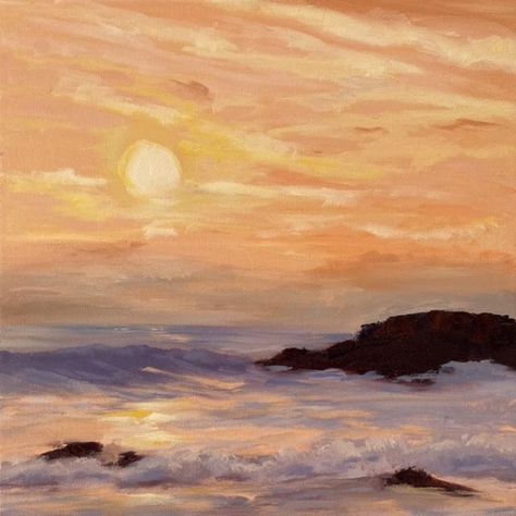 This sunset seascape of glowing light in colors so delicate in which you feel the soft radiant warmth. Contemporary Sunset Painting - 12 x 12 x 3/4 Oil Painting Original on canvas. Painted sides. Oil Paint Sunset, Light Artwork Paintings, Summer Sunset Painting, Abstract Bright Art, Beach Painting Sunset, Sunset Beach Painting, Therapy Painting, Abstract Sunset Painting, Sunset Mural