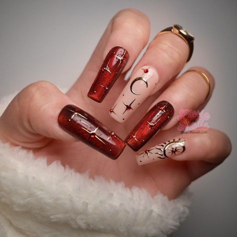 Nails 2024 Red Celestial Nails, Red Witchy Nails, Yule Nails, Selena Core, Valentine Nail, Witch Nails, Custom Nails, Witchy Nails, Moon Nails