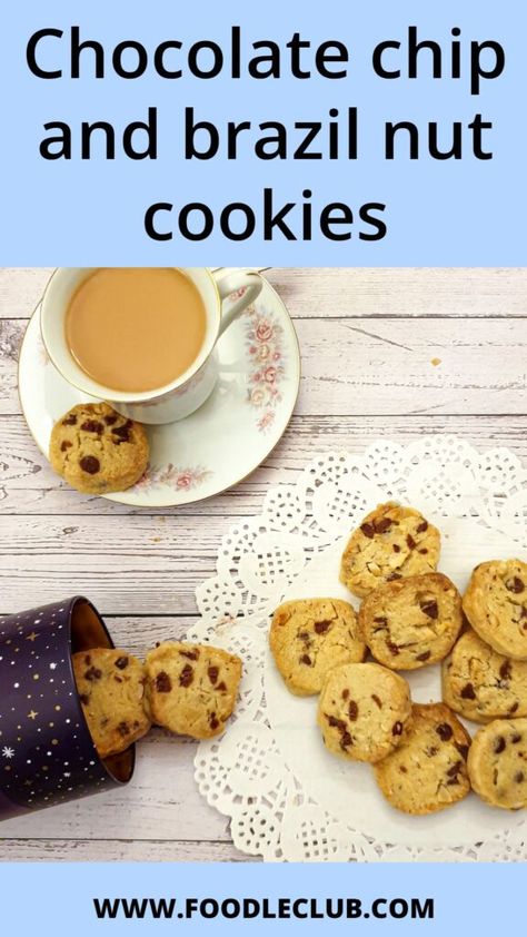 Chocolate chip and brazil nut cookies on a plate. Brazil Nut Cookies, Brazil Nut Recipes Desserts, Chocolate Chip Cookies With Nuts Recipes, Brazil Nut Recipes Snacks, Brazil Nut, Italian Nut Rolls/cookies, Foods With Iodine, Food Processor Uses, Shortbread Cookies Easy