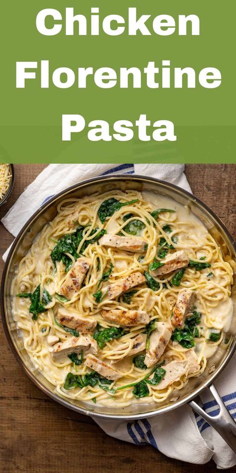 Dive into this creamy Chicken Florentine Pasta! 🍝 Tender chicken, fresh spinach, and a rich garlic-parmesan sauce make this a must-try. Perfect for dinner nights and sure to be a hit every time! #ChickenFlorentine #PastaLovers #DinnerIdeas Pasta Dish With Chicken And Spinach, Pasta Spinach Chicken, Spinach Florentine Pasta, Chicken Pacata And Pasta, Chicken Feta Spinach Pasta, Chicken And Spinach Recipes, Creamy Chicken Florentine, Pasta Florentine, Chicken And Spinach Pasta