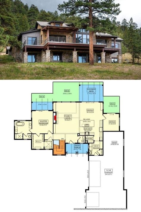 A house plan and a mountain style house Mountain Ranch House Plans, Open Living Space, Southern Traditional, Vertical Siding, Basement Floor Plans, Mountain Ranch, Mansion Floor Plan, Country Craftsman, European Farmhouse