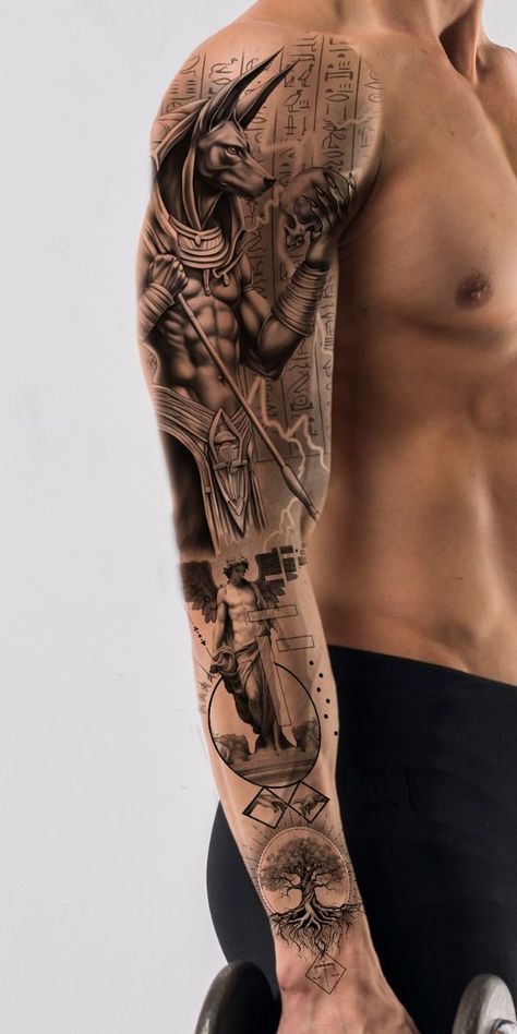 Cool Arm Sleeves For Men, Man Sleeve Tattoo Ideas, Tattoo For Men On Arm Ideas, Mans Tattoo Arm, Anubis Arm Tattoo, Anubis Sleeve Tattoo, Egypt Sleeve Tattoo, Tattoo Arm Sleeve Mens, Realistic Tattoo Design For Men