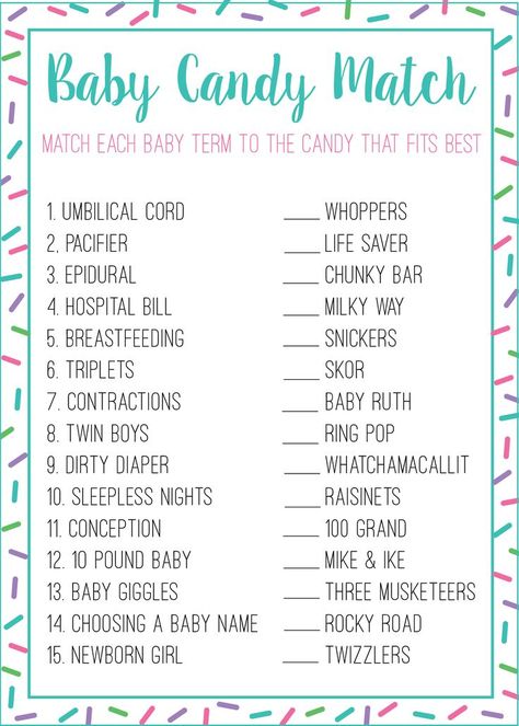 Use this free printable to play the candy match baby shower game at your next baby shower. This is a fun and easy game for guests of all ages! #printable #baby #babyshower #freeprintable Free Printable Baby Shower Games Prints, Fun Baby Shower Games For Large Groups, Baby Shower Paper Games, Candy Bar Baby Shower Game, Baby Shower Games Ideas, Candy Bar Baby Shower, Sprinkle Games, Baby Sprinkle Games, Shower Funny