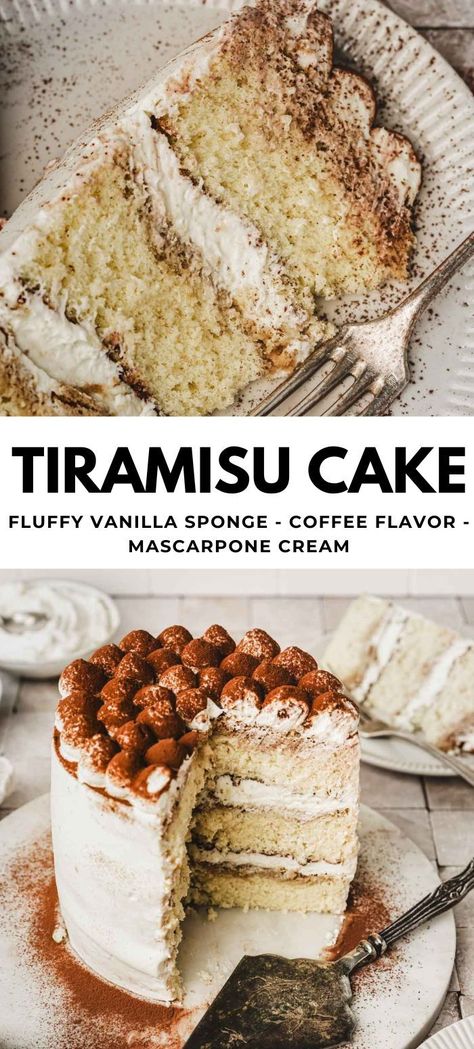 Discover a delightful twist on the classic Italian dessert with our Tiramisu Layer Cake recipe. Enjoy the rich coffee flavor and the perfect balance of flavors in this easy-to-make dessert. It features a fluffy vanilla sponge soaked in coffee and filled with creamy mascarpone goodness. Tiramisu Sponge Cake Recipe, Tiramisu Cake Easy, Mascarpone Filling Layer Cakes, Trimasu Cake Recipe, Vanilla Coffee Cake, Italian Sponge Cake Recipe, Terimisu Cake Aesthetic, Tiramisu Cake Recipe Easy, Feminine Cake Ideas