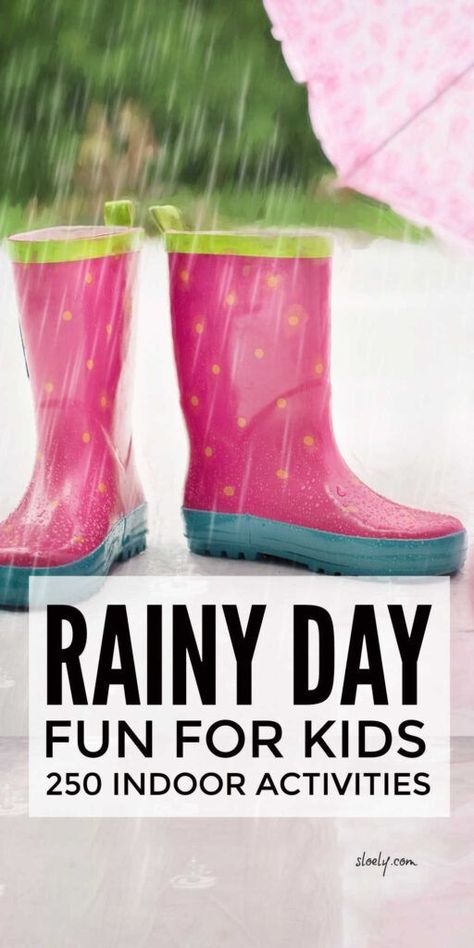 250 fun easy rainy day activities for kids including indoor activities and crafts for children of all ages from toddler, preschool and elementary to teens plus fun ways to get outdoors in the rain. #rainydayactivities #indooractivities #kidsactivities Fun Indoor Activities For Kids, Rainy Day Activities For Kids, Fun Indoor Activities, Rainy Day Fun, Natural Parenting, Stuck Inside, Discipline Kids, Indoor Activities For Kids, Indoor Fun