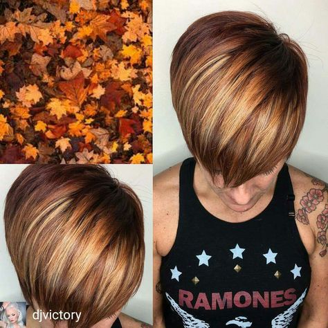 Love this "colors of fall" highlights! Hair Color Pixie Cut, Pixie Hair Color, Short Hair Highlights, Autumn Hair, Fall Hair Color For Brunettes, Short Hair Color, Haircut And Color, Falling Leaves, Fall Hair Color