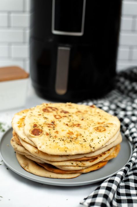 Air Fryer Naan is a soft, doughy homemade bread brushed with delicious garlic butter. It's perfect for dipping, pizzas or eating as it is. #airfryer #naan #homemadebread #recipe #garlic Indian Food Ideas, Food Ideas For Thanksgiving, Air Fryer Naan, Garlic Naan Bread Recipe, Fried Flat Bread, December Recipes, Garlic Flatbread, Delicious Indian Food, Savory Bread Recipe