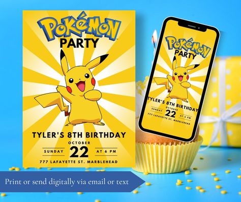 Pikachu Invitations Birthday, Pokemon Party Invitations, Pokemon Invitations, Canva Video, Pokémon Party, Birthday Invitation Card Template, Yellow Birthday, Pokemon Birthday Party, Birthday Party Design