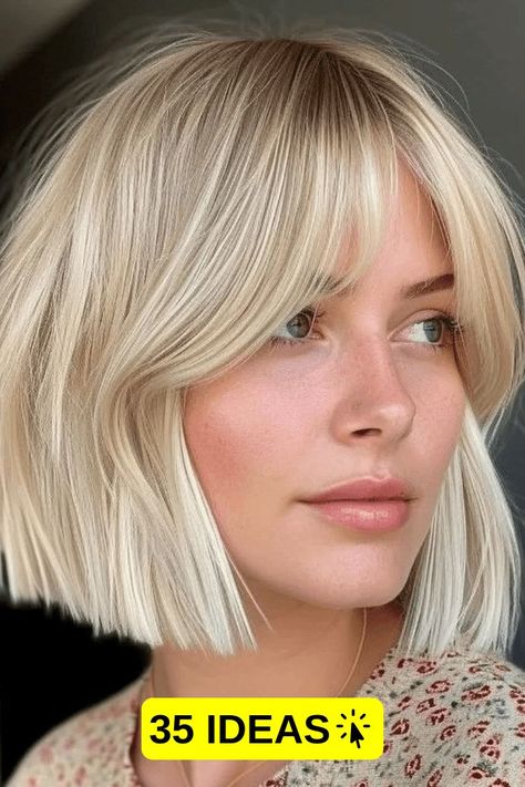 hairstyles, hair, style Bob With Wispy Fringe, Wispy Bangs Bob, Blond Bob With Bangs, Blonde Bob With Fringe, Haircut And Color Ideas, Medium Bobs, Wispy Fringe, Bob With Fringe, Auburn Color