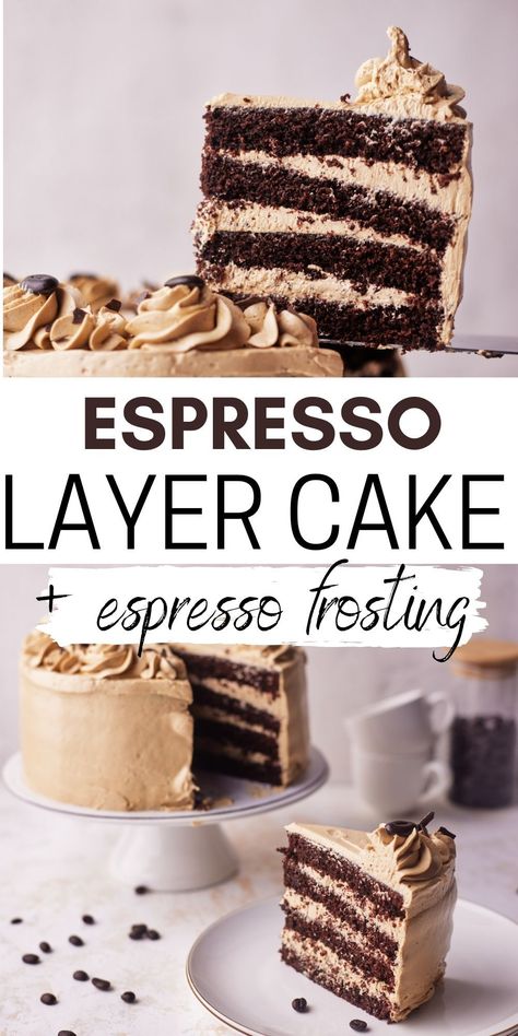 This chocolate espresso cake consists of layers of rich espresso chocolate cake filled and covered with espresso buttercream. The espresso buttercream is a Russian buttercream infused with espresso powder to get an incredible coffee-flavored dessert. If you love coffee, this is the ideal cake for you, easy to make and full of flavor. The chocolate cake uses the all-in-one method so it's very simple, and the buttercream has just a few ingredients. Easy homebaking for a birthday cake or party. Espresso Cake Recipe, Espresso Chocolate Cake, Russian Buttercream, Espresso Buttercream, Chocolate Espresso Cake, Espresso Cake, Dream Dessert, Chocolate Espresso, Espresso Powder