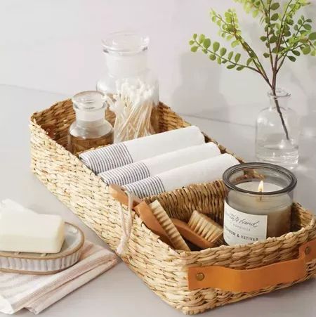 Love this three section powder room basket from Target. Perfect for all powder room accessories from hand towels to candles! #bathroom #powderroom #organization #guestbath #LTKSale #LTKhome Basket In Bathroom Decor, Apartment Styling, Bathroom Basket, Striped Bath Towels, Mansion Ideas, Bathroom Basket Storage, Moodboard Inspiration, Diy Bathroom Storage, Hearth & Hand With Magnolia