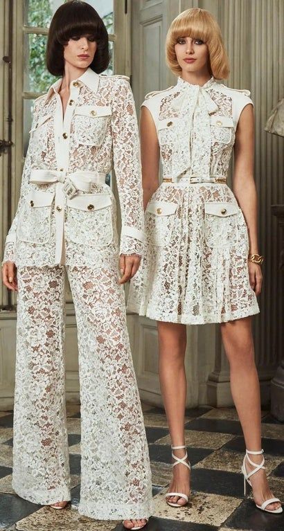 Pin on imaginary closet Gucci Couple Outfit, White Lace Dresses, Mode Kimono, White Set, Lace Dresses, Zuhair Murad, Fashion Images, Fashion Line, Lace Fashion