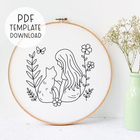 Girl And Cat Embroidery Pattern Template, Cute Cat Embroidery, Cat Lover Gift For Cat Lady, Crazy Cat Lady Modern Cat Embroideries Cat Embroidery Pattern, Cute Cat Embroidery, Chonky Cat, Template Cute, Cat Template, Cat Embroidery Design, Cat Hand, Cat Embroidery, Pattern Template