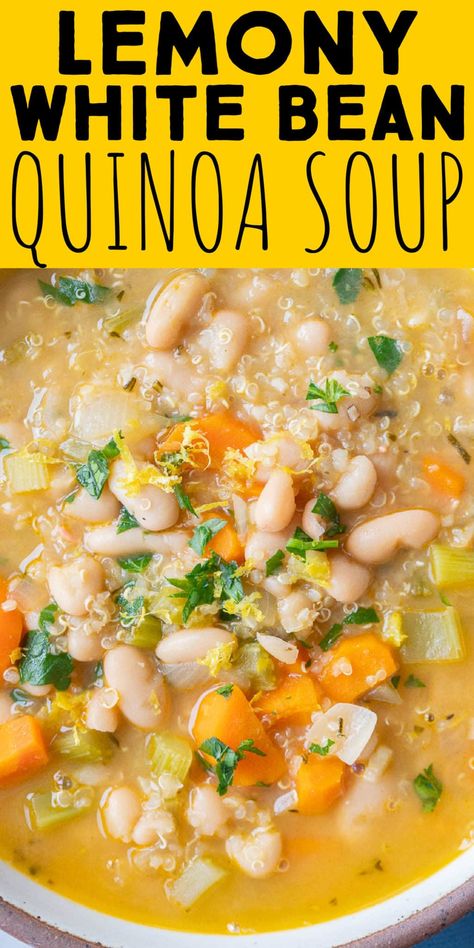 This Lemony White Bean Soup with Quinoa is easy to throw together, with minimal ingredients, and is packed with vegetables and plant based protein from the white beans and quinoa. If you're looking for a cozy vegan one pot meal, to enjoy this winter, this soup is for you! #whitebeansoup #vegetariandinner #onepotmeal #vegan White Bean Quinoa Soup, Chicken Soup Quinoa, Quinoa Veggie Soup, Chickpea And White Bean Soup, Crockpot Quinoa Recipes, Lemony White Bean Soup, Veggie Quinoa Soup, Soup With Quinoa, Quinoa Soup Recipes