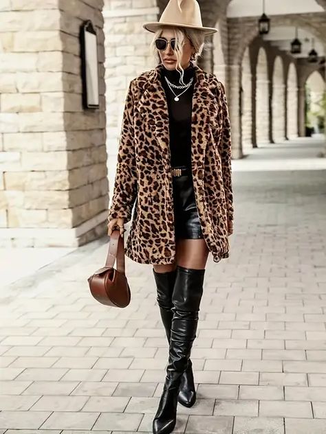 Leopard Jacket Outfit, Winter Casual Dress, Leopard Fur Coat, Fur Coat Outfit, Fuzzy Coat, Leopard Coat, Tan Fabric, Leopard Jacket, Fluffy Coat