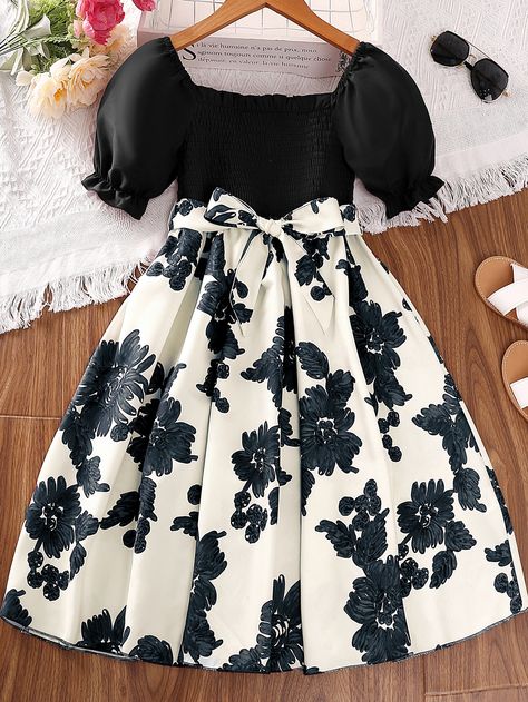 Black and White Boho Collar Short Sleeve Woven Fabric Floral A Line Embellished Non-Stretch  Girls Clothing Nfr Outfits For Vegas, Nfr Outfits For Vegas Cowgirl Fashion, Kids Floral Dress, Nfr Outfits, Black Kids Fashion, Stockholm Fashion Week, Kids Dress Collection