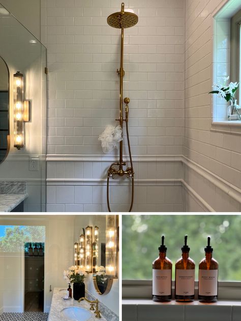 Modern Parisian Bathroom Reveal at Greystone House Modern Parisian Bathroom, French Townhouse, Parisian Bathroom, Paris Bathroom, Modern Parisian, Subway Tile Showers, Shower Recess, Parisian Bistro, Subway Tiles Bathroom