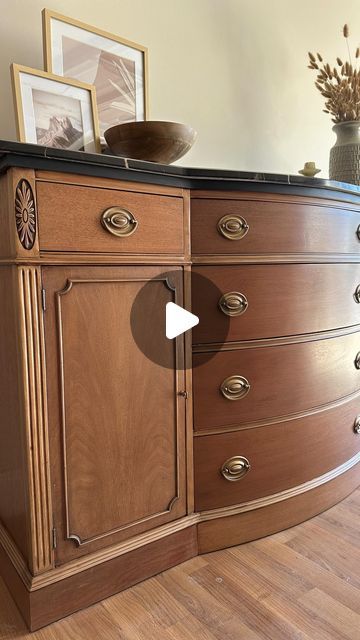 Kristen Coulson | DIY & furniture flips on Instagram: "be honest.. should I have painted it??  Comment “BUFFET” below 👇🏻 if you want the links to the products I used sent to your DMs! (Contains affiliate links!)  HOW I DID IT: -removed hardware and cleaned with a degreaser -sanded to raw wood with a 120 then 220 grit and my @festool_usa sander!  -applied a tan paint wash followed by the stain “antique oak” by @generalfinishes  -topcoated it, hated it so went in with “van dyke brown” glaze by @generalfinishes to even out the color. (It worked!) topcoat again with @minwaxusa polycrylic -painted the top black to hide the massive damage - spray painted and rubbed gliding wax on original hardware to get the perfect antique look   I personally love how this one turned out and I’m glad I got to