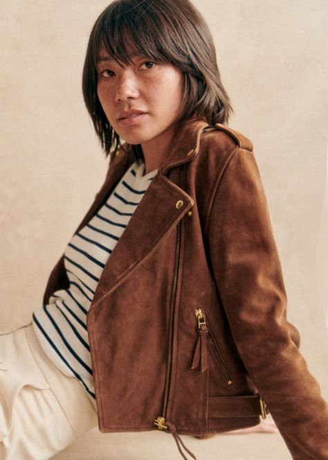 Zig Jacket - Camel Suede - Goat leather - Sézane Suede Biker Jacket Outfit, Tan Leather Jacket Outfit, Suede Moto Jacket Outfit, Midwest Style, Biker Jacket Outfit, Suede Jacket Outfit, Fall Jackets Outfit, Moto Jacket Outfit, Suede Jacket Women