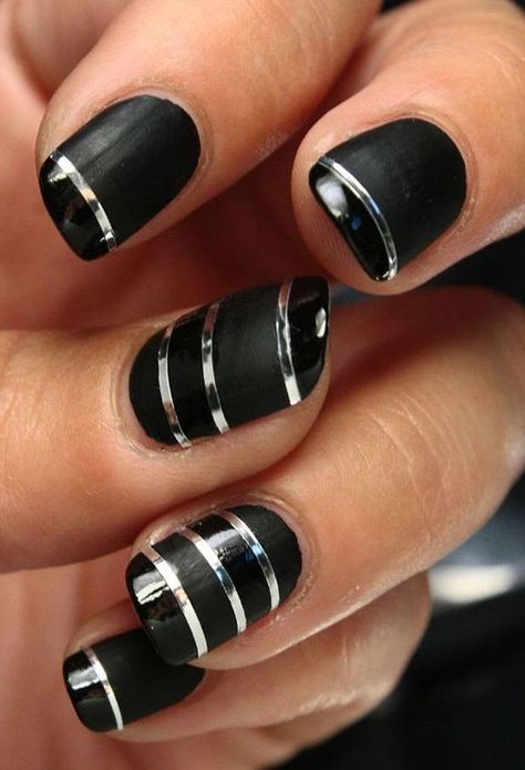 Classy Black Nails, Black Acrylic Nail Designs, Nails With Silver, Black And White Nails, Tape Nail Art, Matte Black Nails, Black Acrylic Nails, Nail Tape, Black Nail Art