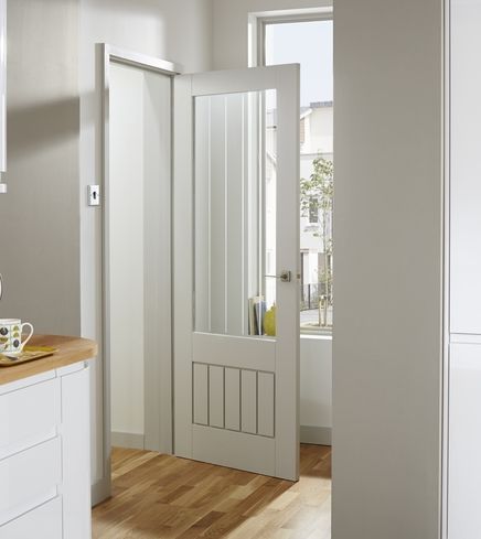 Primed Dordogne glazed door | Internal stile & rail doors | Doors & joinery | Howdens Joinery Internal Glazed Doors, Cottage Style Interiors, White Internal Doors, Cottage Door, Fitted Bathroom, Door Fittings, White Doors, Glazed Door, Kitchen Doors