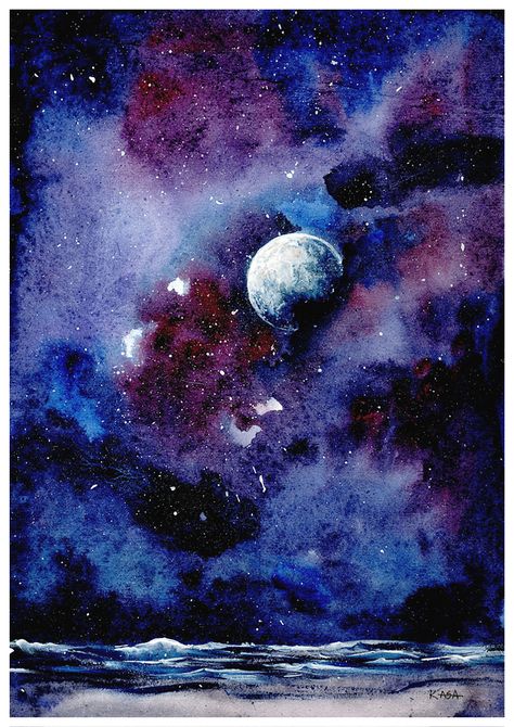 "Moon" is a watercolour painting series, where I picture our planet's companion, the Moon or some other unknown and abstract planets in the starry night sky or between picturesque clouds. You can s... Watercolor Night Sky, Painting Landscapes, Underwater Painting, Night Sky Painting, Colors Painting, Painting Bedroom, Painting Summer, Painting Decoration, Painting Series