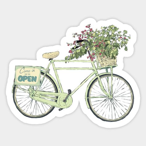 Pastel Green Stickers Aesthetic Printable, Pastel Printable Stickers, Aesthetic Pastel Stickers, Flower Stickers Printable, Places Stickers, Cute Flower Stickers, Cute Stickers Aesthetic, Watercolor Bicycle, Bicycle Aesthetic