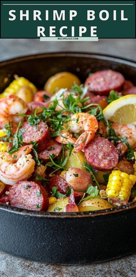 Join me for a flavorful shrimp boil that's perfect for gatherings! Packed with succulent shrimp, savory sausage, and fresh corn, this dish is a true crowd-pleaser. The blend of spices and fresh herbs brings everything together beautifully. Trust me, this recipe will be a hit at your next get-together! Cajun Boil, Shrimp Boil Recipe, Flavorful Shrimp, Sea Food Recipes, Boiled Food, Hamburger Soup, Shrimp Boil, Fresh Corn, Smoked Sausage