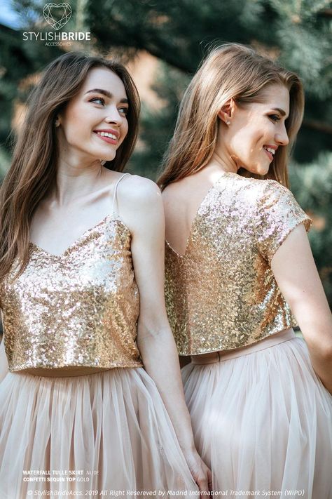 Sequin Crop Top Outfit, Wedding Dress Arms, Gold Sequin Crop Top, Bridesmaid Separates, Queen Wedding Dress, Sequined Blouse, Birthday Dress 21st, Bridesmaid Tulle, Womens Tulle Skirt