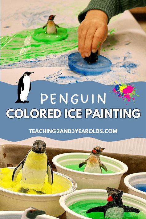 Looking for a fun idea this winter? Try this penguin process art activity. Prep it in advance and it's ready to go whenever you want! #penguins #art #processart #winter #paint #ice #toddlers #preschool #teaching2and3yearolds Preschool Winter Animals, Winter Topics For Preschool, Winter Sensory Activities Preschool, Attic Animals Preschool Activities, Winter Themed Toddler Activities, Winter Animal Activities For Preschool, Winter Animals Crafts For Preschoolers, Winter Art Toddlers, December Toddler Themes