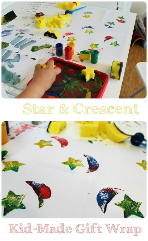 star and crescent print sponge paintings that can be used as kid-made gift wrap. Ramadan craft activity