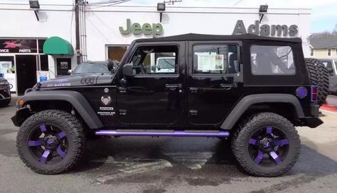 Jeep Wrangler Purple Accents, White Jeep With Purple Accents, Black And Purple Jeep, Purple Jeep Wrangler, Jeep Life Decal, Jeep Rims, Silver Jeep, Wrangler Car, Black Jeep Wrangler