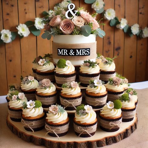 Images of Cupcake Cake Wedding Cake 2 Country Wedding Cupcakes Rustic, Wedding Cupcakes With Flowers, Rustic Wedding Cake Ideas 2 Tier, Single Wedding Cake With Cupcakes, Woodland Wedding Cupcakes, Wedding Cake 2 Tier Rustic, Wedding Cake Brownies, Rustic Cupcakes Ideas, Rustic Cupcakes Wedding