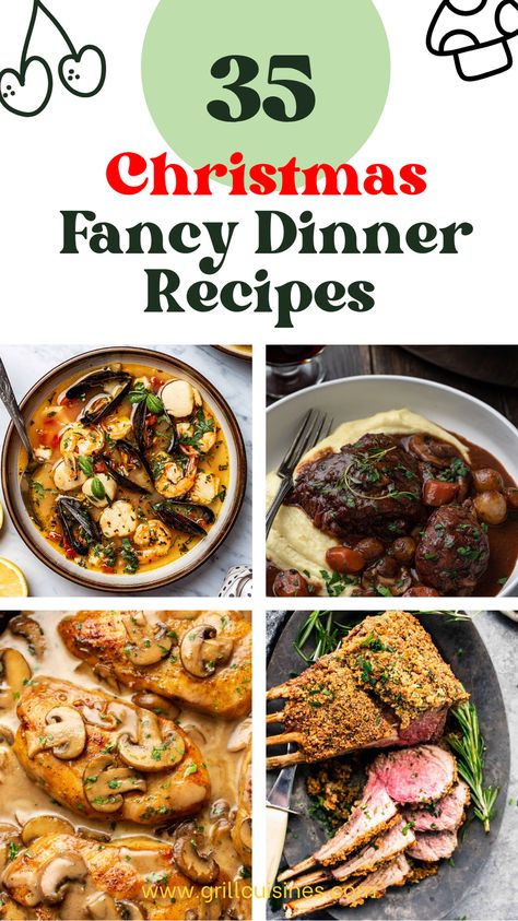 If you’re looking to bring a touch of elegance to your Christmas dinner table, this collection of 35 Fancy Dinner Recipes is the perfect guide. 
Whether you're hosting a special gathering or simply treating yourself or your partner to a refined meal at home, these fancy dinner recipes will help you create restaurant-quality dishes with ease. Dinner Ideas Fancy Entertaining, Fancy Christmas Menu Ideas, Healthy Dinner Recipes Christmas, Easy Fancy Chicken Recipes, 5 Course Christmas Dinner, Fancy Roast Dinner, Entertaining Meal Ideas, Fancy Christmas Meals, Good Christmas Dinner Ideas