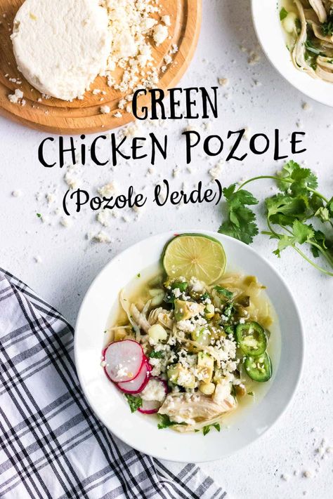 Crockpot Pozole Verde (Slow Cooker Mexican Chicken) - Restless Chipotle Pazole Soup Chicken Easy, Crockpot Pozole, Green Chicken Pozole, Chicken Pozole Verde Recipe, Pazole Recipe, Easy Pozole Recipe, Chicken Pozole Verde, Posole Recipe Chicken, Pozole Verde Recipe