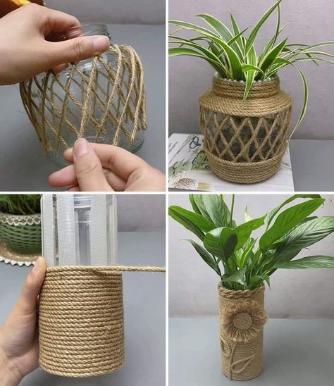 Twine Vase, Flower Vase Ideas, Jar Decorating Ideas, Diy Flower Vase, Rope Craft Ideas, Jute Flowers, Vase Ideas, Twine Crafts, Stones Aesthetic