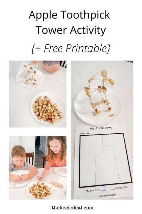 Apple Toothpick Tower Kids Activity {+ Free Printable} - The Keele Deal Toothpick Tower, Marshmallow Toothpick, Fun Stem Activities, How To Make Marshmallows, Tooth Pick, Apple Activities, Free Activities For Kids, Stem Activity, Fall Bucket List