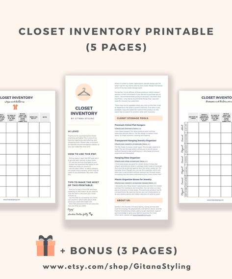 Figuring out what's in your closet has never been easier. Download a copy of the Closet Inventory PDF and fill it out. That's it! This style printable includes 5 pages for clothing and a bonus PDF for accessories that is 3 pages #closetinventory #closetinventorylist #personalstyle Fashion Printables, Inventory Printable, Closet Inventory, Personal Image, Business Resources, Closet Storage, Stressed Out, The Closet, First Page